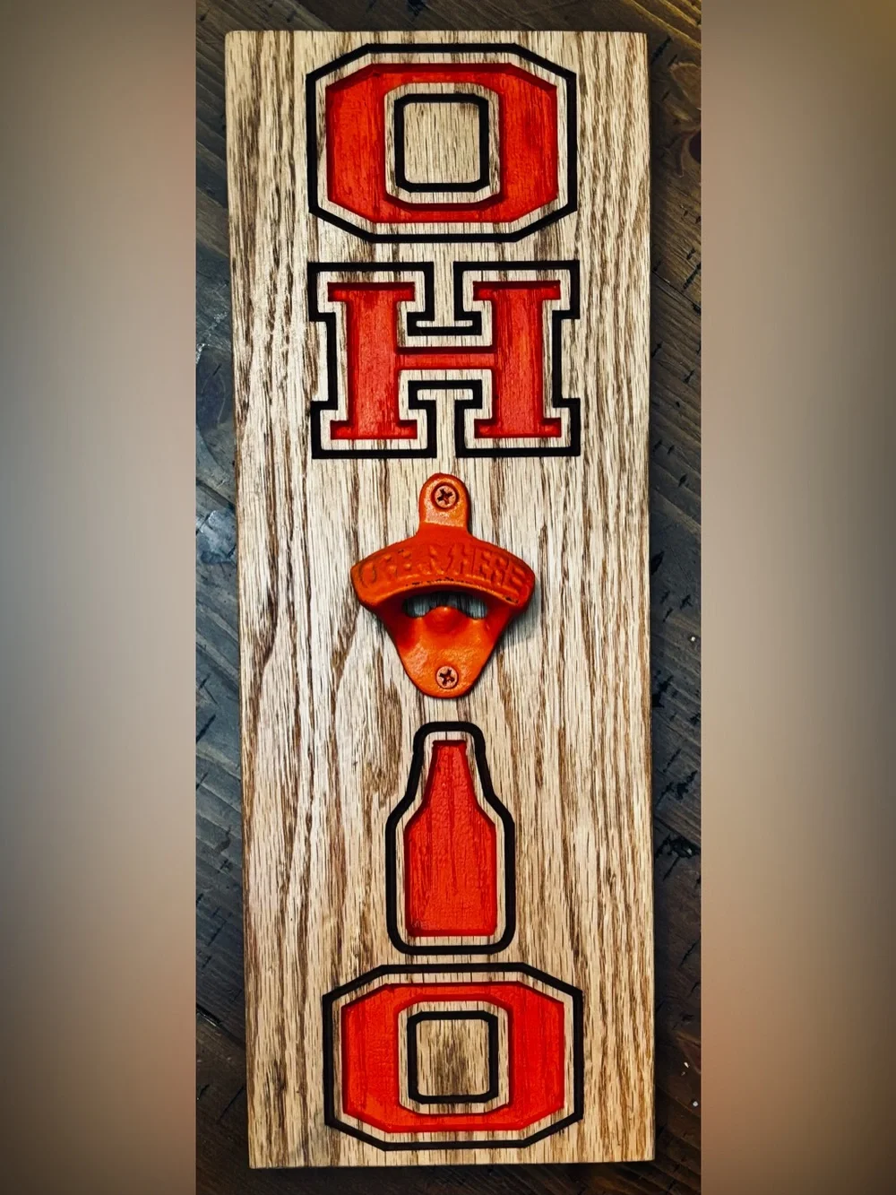 Ohio Bottle Wall-Mount Opener Orange on Solid Wood Panel Great Custom Gift!